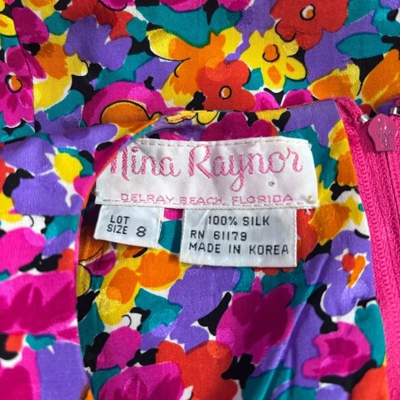 Vintage Nina Raynor 100% Silk Floral Multicolor‎ Statement Dress - Picture 10 of 13